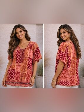 Boho Patchwork Red & Pink Short-Sleeve Women's Top